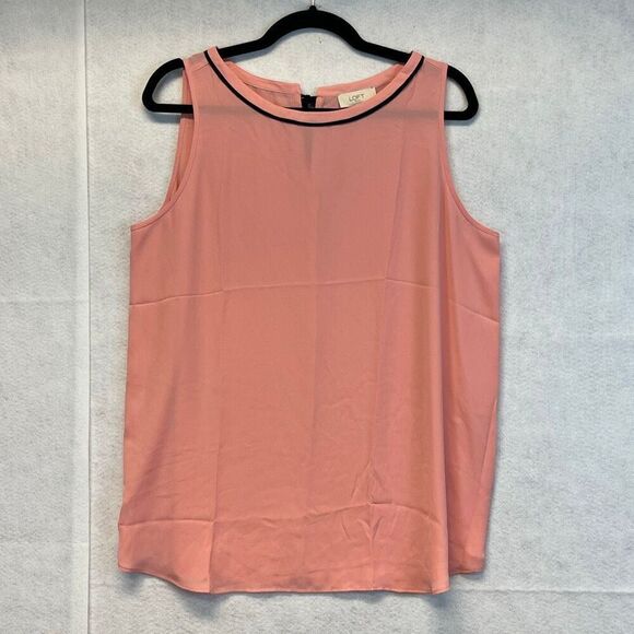LOFT Tops - LOFT Blouse Size Large Pink Black Trim Tie Neck Sleeveless Top Crew Neck Pretty
